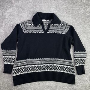 Liz Claiborne Sweater Women’s 1X Black Collar  Pullover V-Neck Nordic Fair Isle